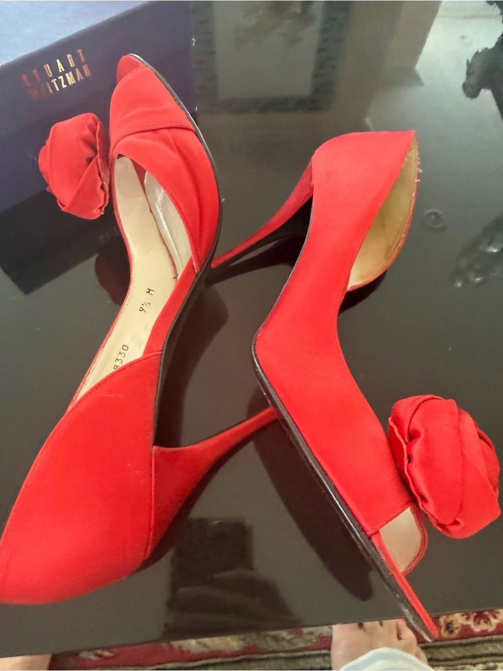 Stuart Weitzman Red Satin Peep-Toe Pumps with Rosette